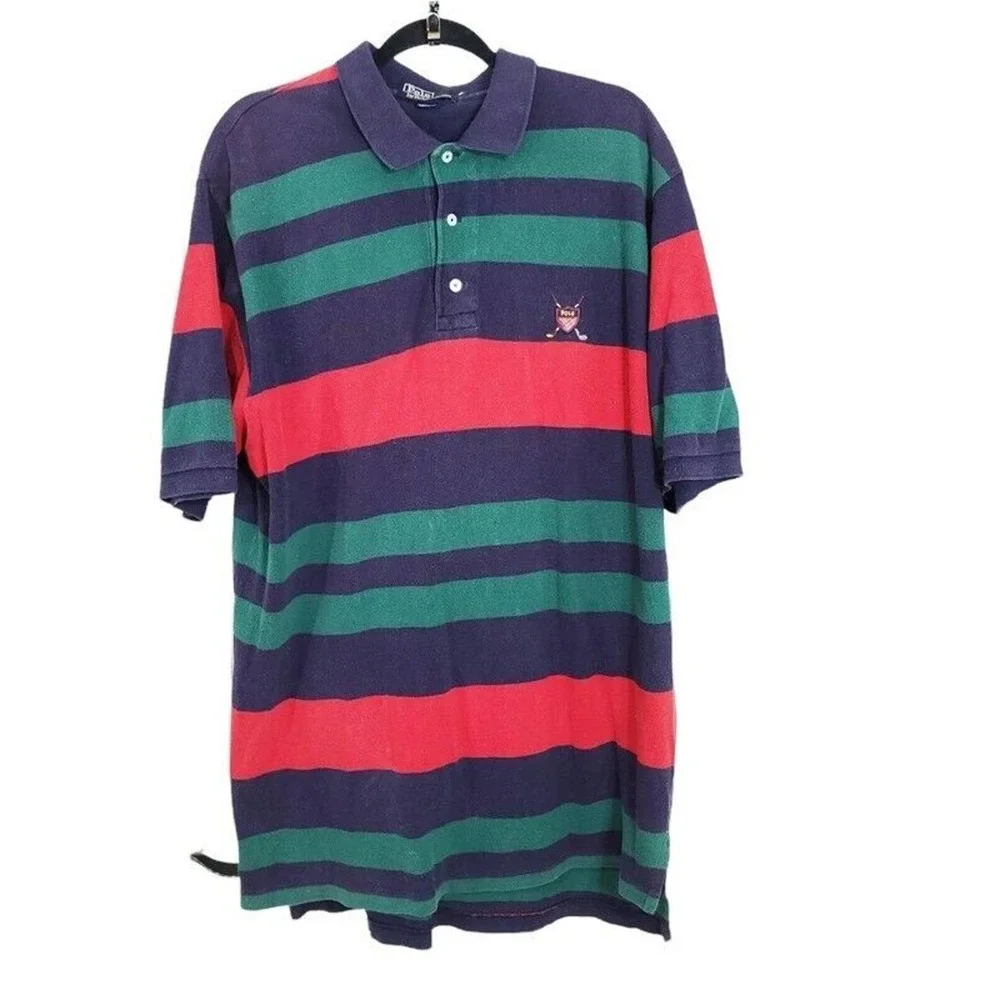 Polo Ralph Lauren Golf Shirt Vtg 90s Green Red Blue Striped Rugby Collared Sz XL - Picture 1 of 8